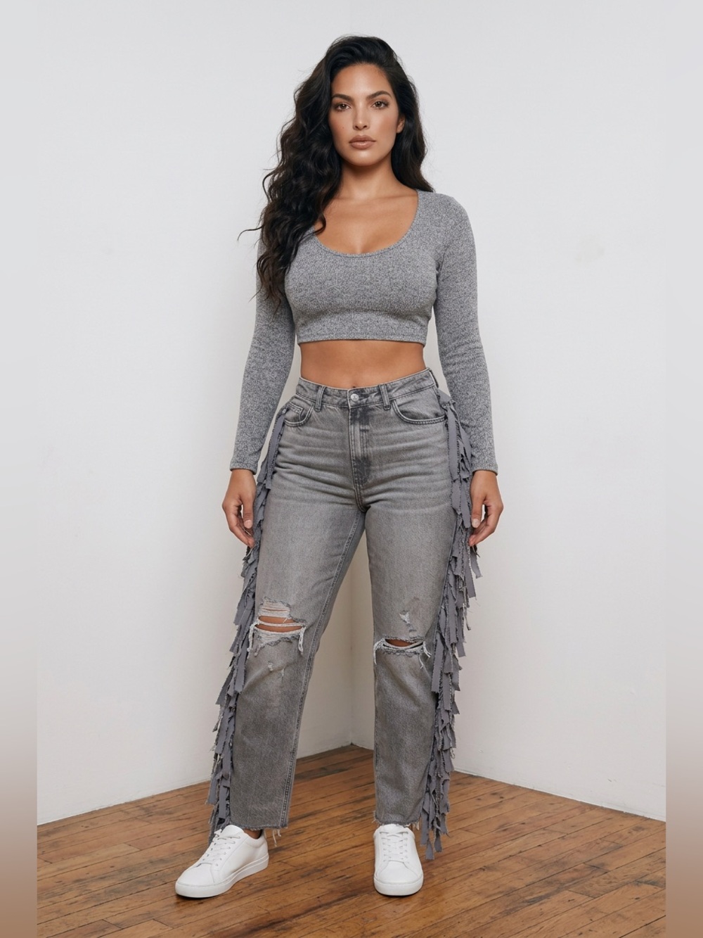 Upcycled Fringe-Trim Gray Distressed Women's Jeans size 10